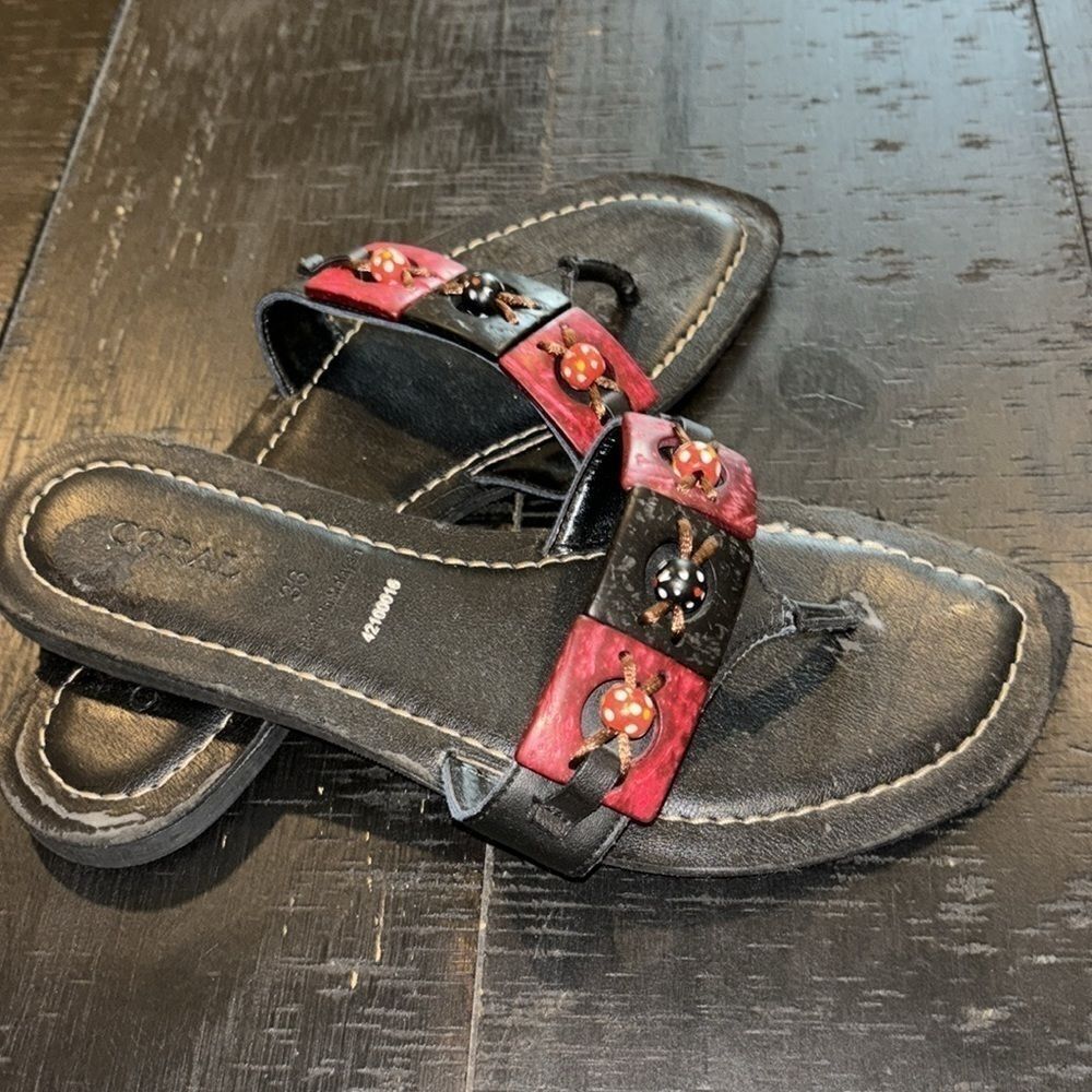Coral Leather Wood Bead Summer Thong Sandals Size 6 - Picture 6 of 8